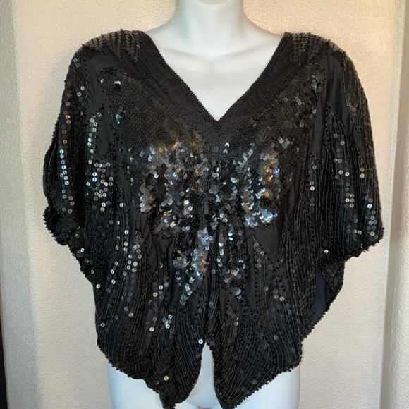 LINSIANO black butterfly wing top, sequined
beaded wings front/back. VTG XXL - Picture 5 of 17